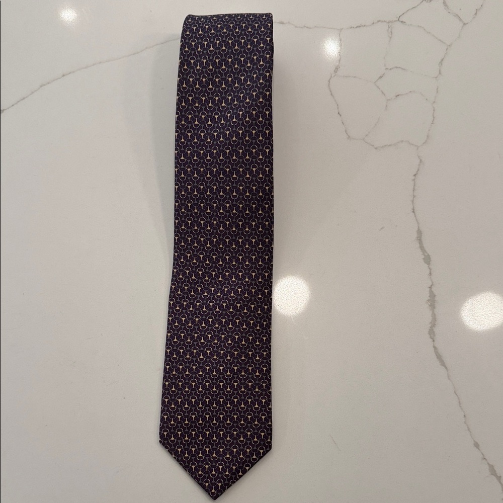 Brooks Brothers Dark Blue and Gold Patterned Tie